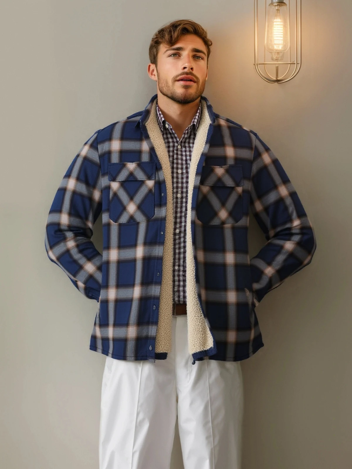 

Men's Plaid Sherpa Lined Winter Jacket Keep Warm Fleece Lining Button Up Long Sleeve Casual Outdoor Daliy Fashion Coat Jackets
