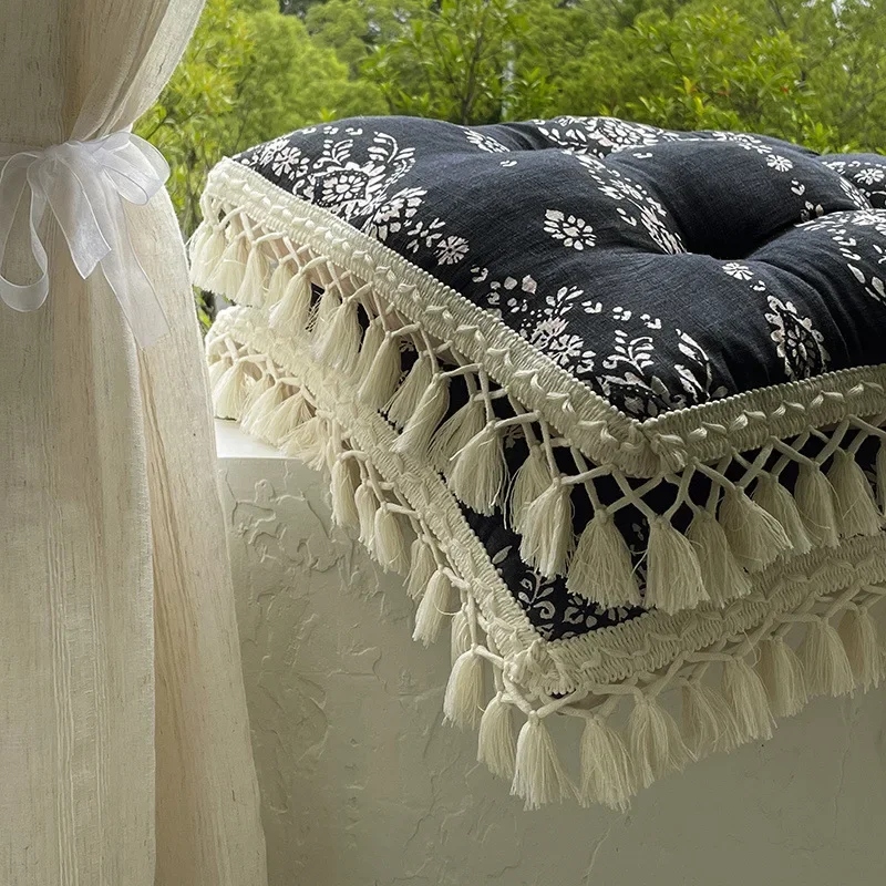 European Printed Square Cushion with Tassels Wear Resistant Cotton Chair Linen Cushion for Sofa 43X43Cm Single Home Decor