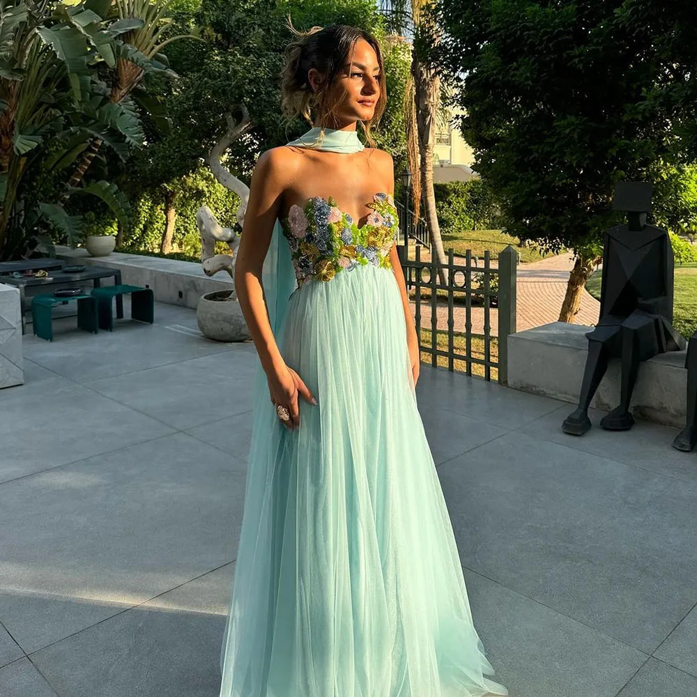 

Elegant Sky Blue Prom Dress 3D Flower Flore Sweetheart Birthday Dress With Cape Women Guest Dress Wedding Party Gown Customized