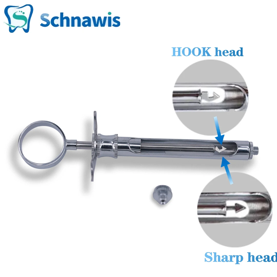 1 Set siringa per iniezione odontoiatrica testa affilata a gancio siringa aspirante dentale in acciaio inossidabile strumento chirurgico 1.8ML