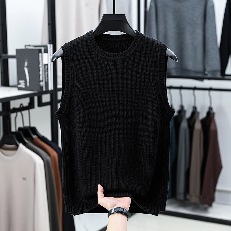 60% Sheep Wool Men Waistcoat Autumn Winter Classic O-Neck Black Sleeveless Basic Sweater Pullover Warm Wool Knitting Vest