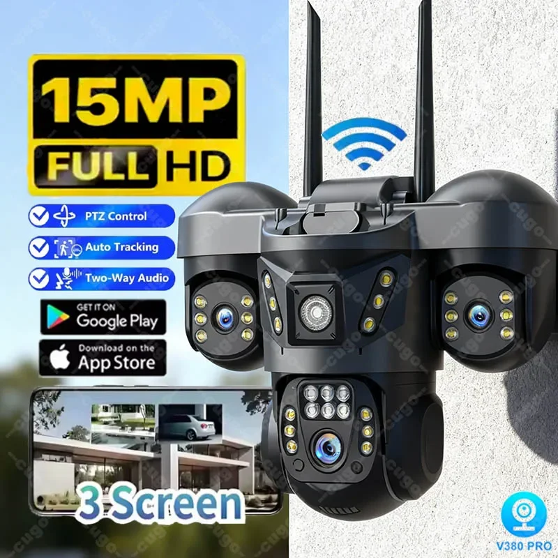 15MP 8K WIFI IP-камера с тремя объективами PTZ-камера Уличная водонепроницаемая камера с автоматическим отслеживанием Умный дом Беспроводные камеры видеонаблюдения V380 Pro