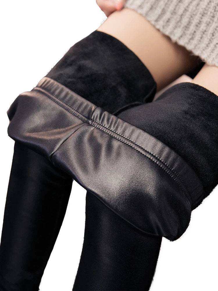 YRRETY Women Winter Faux Leather Velvet Warm Pants High Waist Trousers Thick Stretch Fleece Lining Skinny Ankle-Length Pants