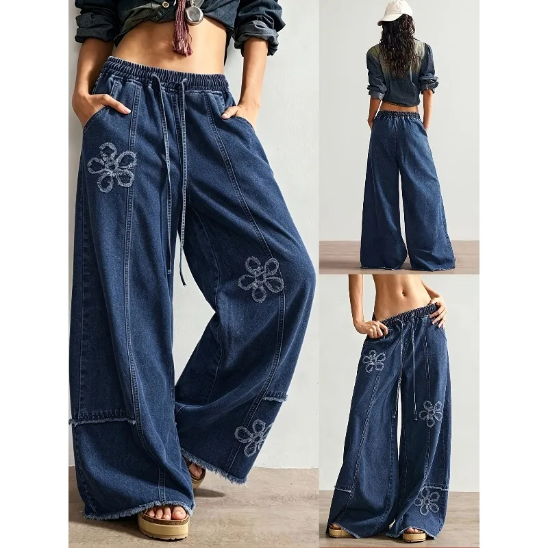 2026 New Wash Jeans Wide-leg Pants Female, Elastic Waist Drawstring Design Sense Flower Raw Edge Casual Joker Pants. Women Jeans