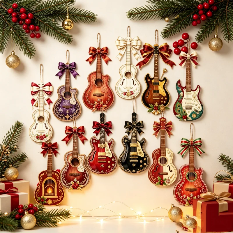 24/12 Pieces of Randomly Assorted Christmas Guitar-Shaped Wooden Hanging Ornaments, Christmas Hanging Decoration Set, Personalized 2D Flat Wooden Hanging Ornaments, Christmas Tree Decorations, New Year Gifts, Home Decor, Stylish Home Decor Ornaments, Designed with Christmas Elements, Suitable for Christmas Trees, Gardens, Homes, Backpacks - a Perfect Holiday Gift