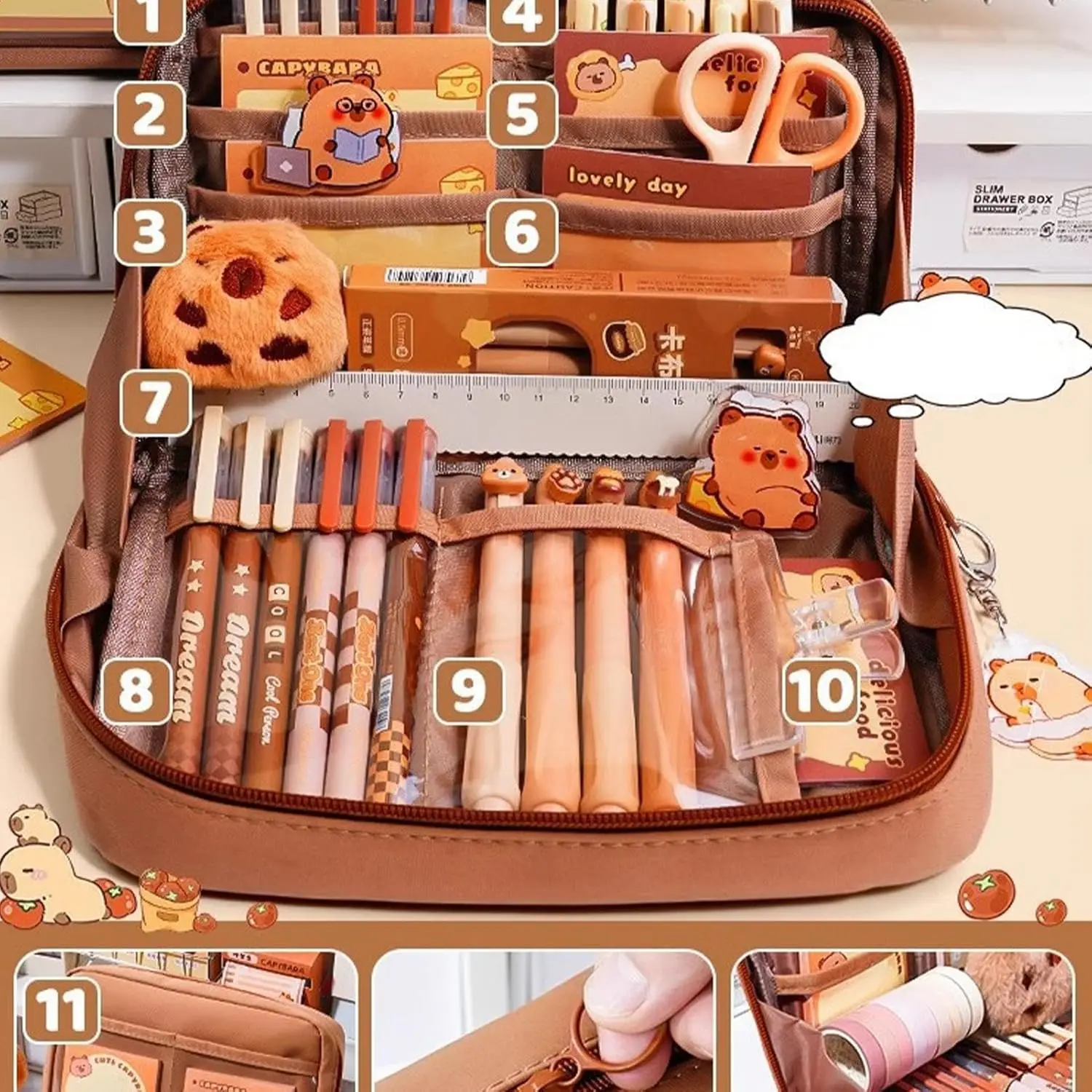 

Ballpoint Pen Ruler Sticker Pencil Case Student Stationery Set Multi-Function Tool Pen Bag Organizer with Capybara Keychain