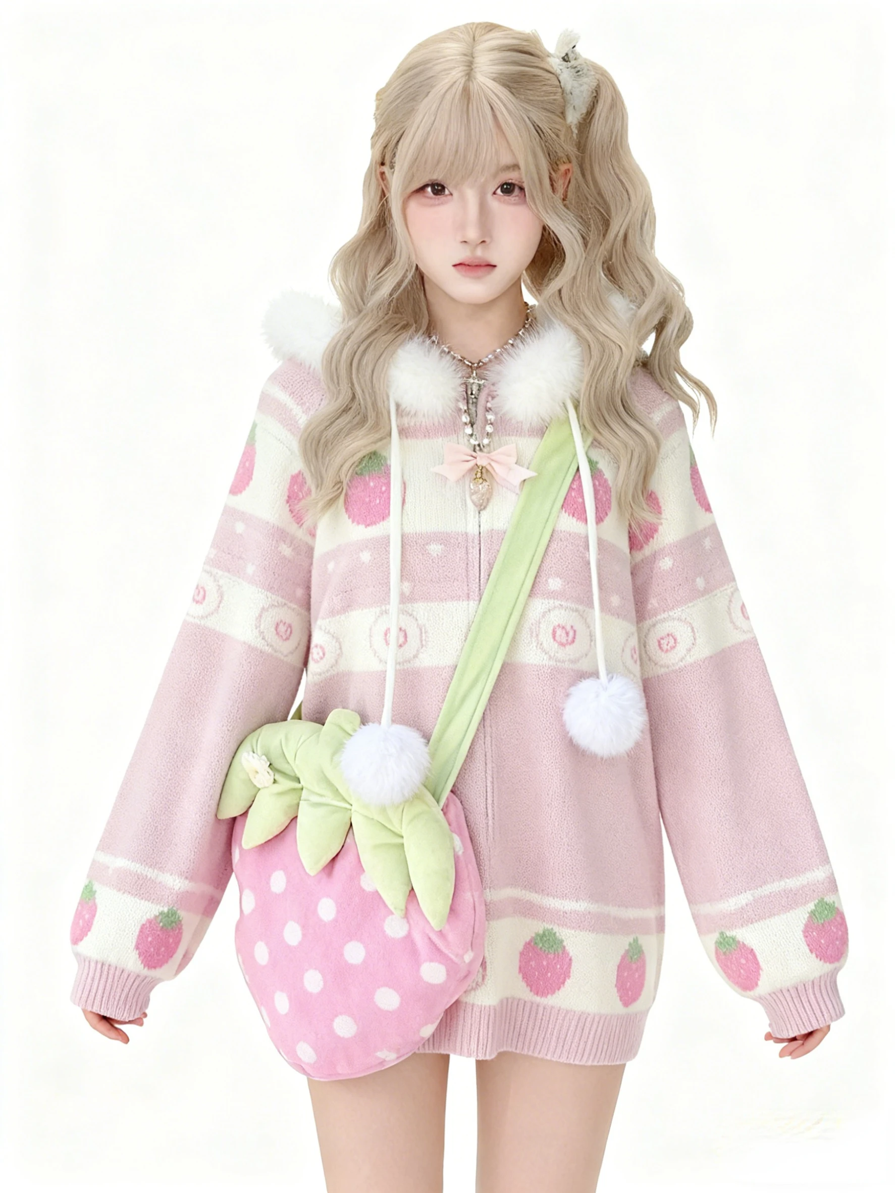 

2292, японский кавайный свитер с капюшоном из искусственного меха, милый женский свитер с принтом клубники, милый стиль, толстовка с капюшоном с героями мультфильмов, осенний топ Y2k