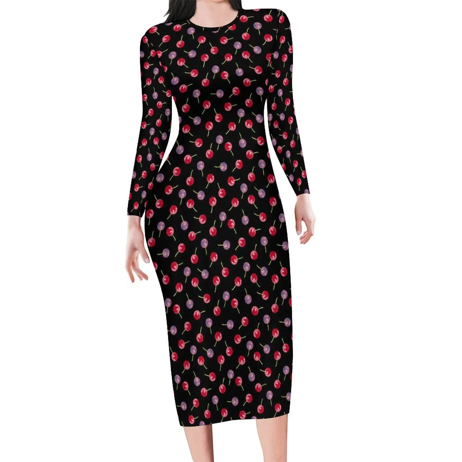 

Scattered Cherries Dress Long Sleeve Watercolor Fruit Kawaii Dresses Summer Woman Aesthetic Custom Bodycon Dress Large Size