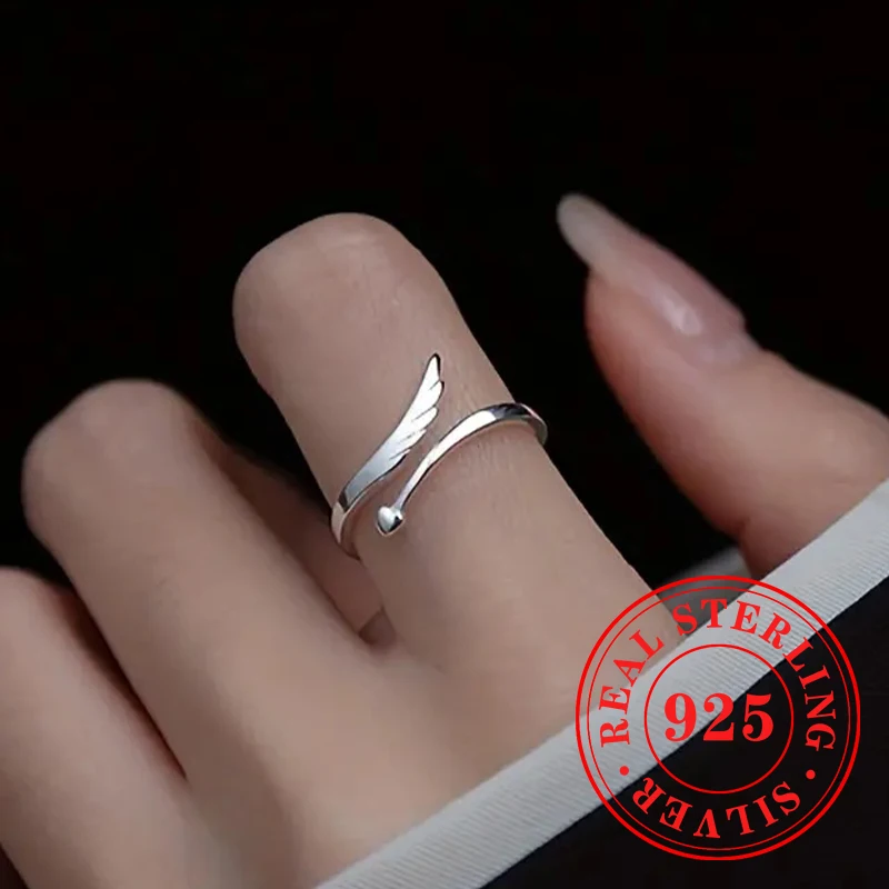 Huitan Dainty Wing Heart Opening Rings for Girls 925 Sterling Silver Sweet Party Jewelry Exquisite Aesthetic Finger Accessories