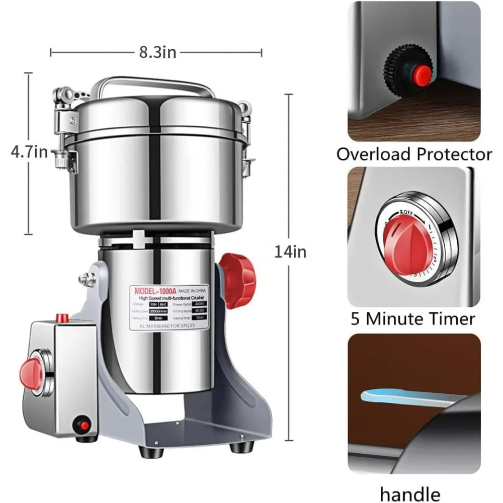 Электрическая мельница для зерна, 1000 г для сухих злаков, зерна, трав, специй, кофе, кукурузных зерен (1000 г подставки)