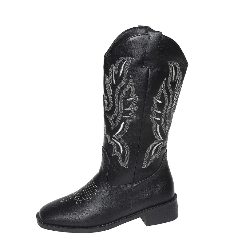 Primavera nuevas botas de tubo medio para mujer botas de caballero vaquero zapatos Retro bordados de tubo largo de otoño para mujer botas de mujer botines