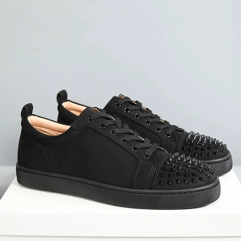big size mens casual stage nightclub rivets shoes lace-up cow suede leather flats studded shoe black designer spikes footwear