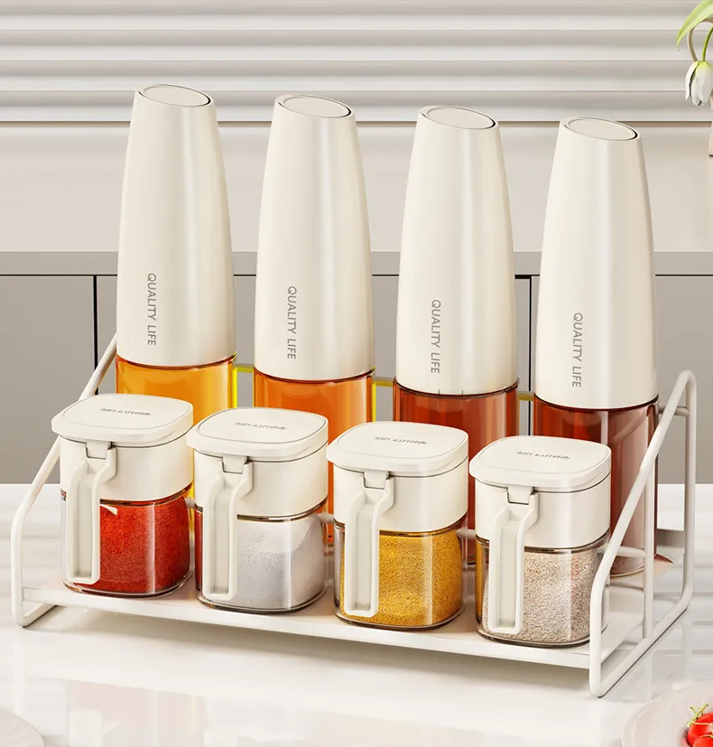 Glass Oil Bottle & Spice Jar Set, Premium Kitchen Dispenser Bottles for Soy Sauce, Vinegar, Salt, with Organizer Rack