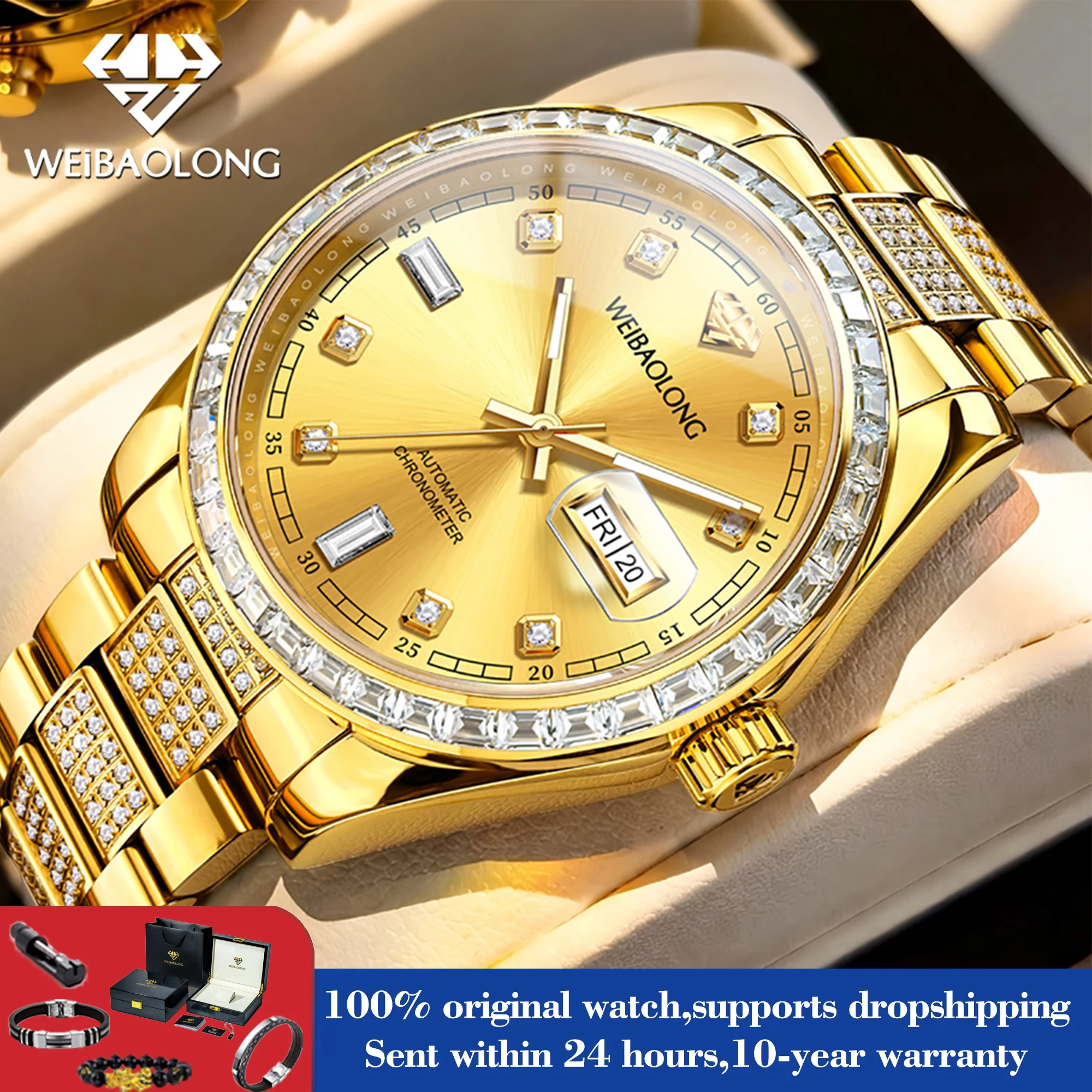 WEIBAOLONG Imported Movement Luxury Automatic Mechanical Watch 50M Waterproof Real Gold Diamond Watches for Man Gifts Box 3815