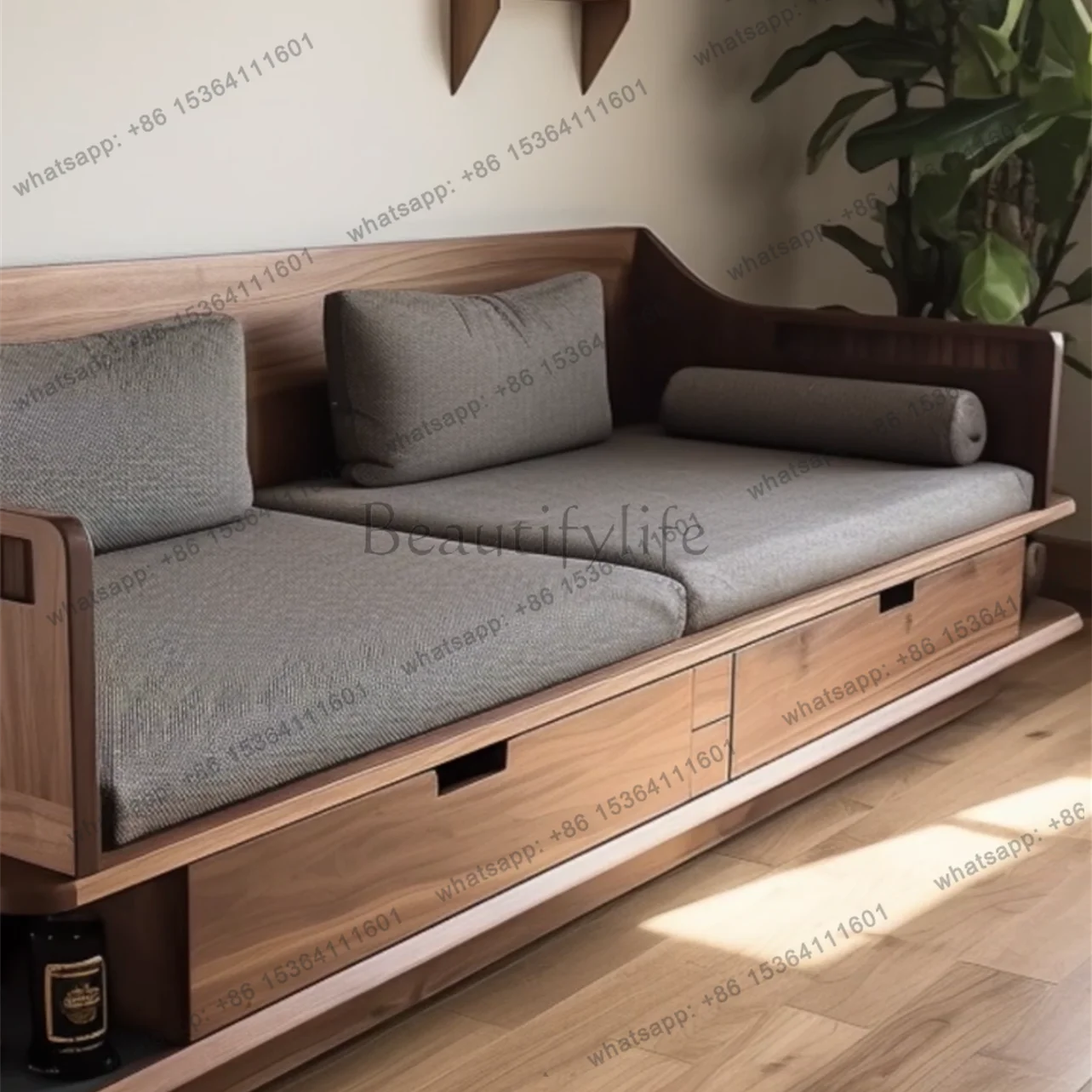 

Chinese black walnut sofa antique living room winter and summer dual-purpose storage straight sofa Nordic solid wood furniture