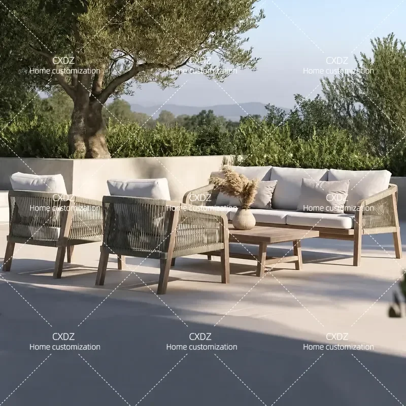 Outdoor Teak Dining Table and Rattan Chair Set for Courtyard Balcony Hotel Homestay Leisure Furniture