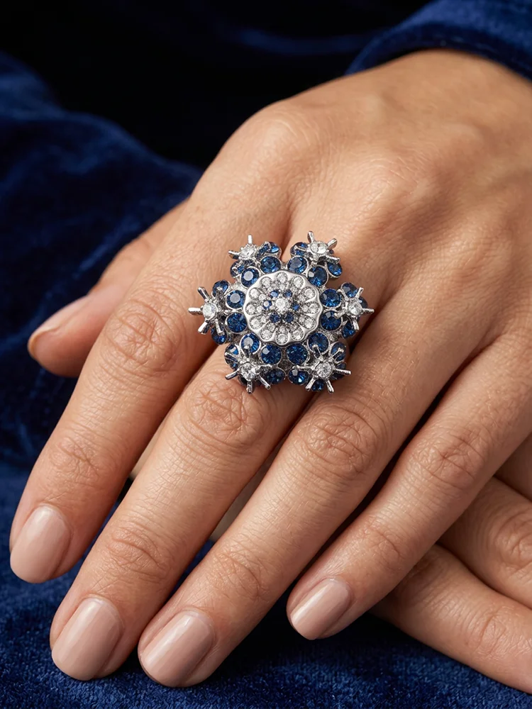 Museum Reproduction Palace Style Snowflake Ring, Cluster Inlaid Gems, Platinum Plated Adjustable 3D Statement Ring for Ladies