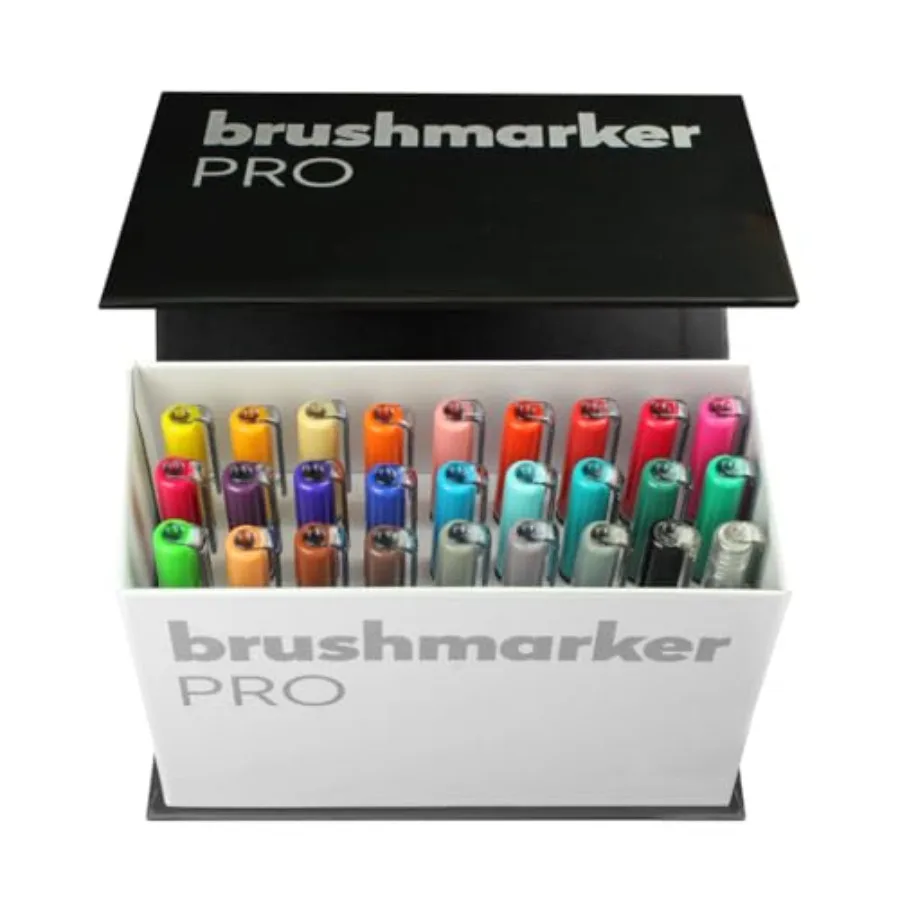 

Brushmarker Pro 27pc Mini Box Brush Tip Markers Set Blendable Water-Based Professional Grade Brush Markers for Adults and Artis