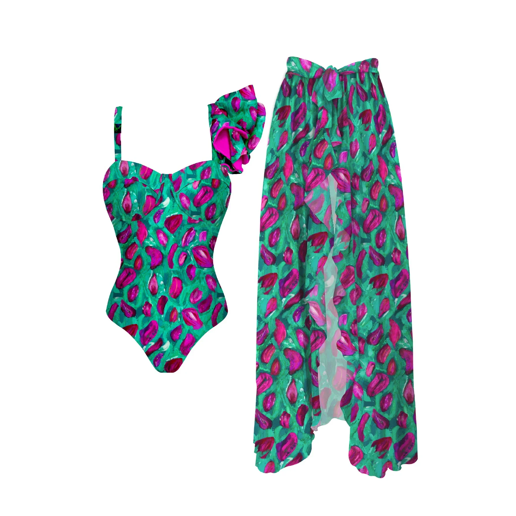 

Printed One Shoulder Ruffle Swimsuit With Cover Up Sexy Swimwear Women Push Up Bikini Monokini Swim Suit Bathsuit Belt Beachwear
