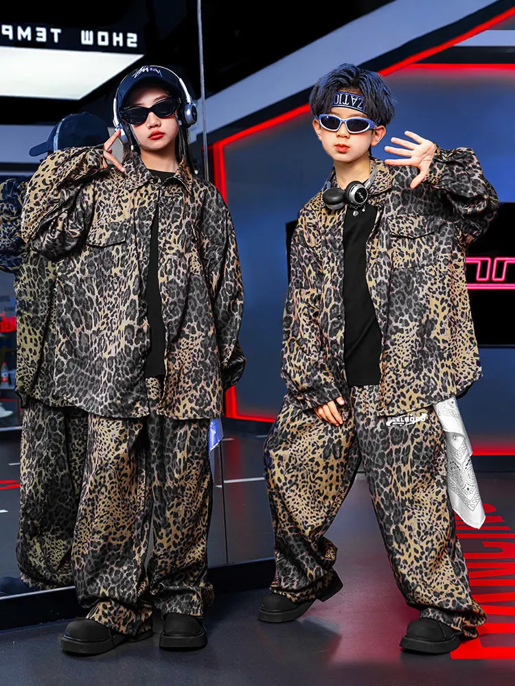 Hip Hop Boys Retro Leopard Print Set K-pop Shirt Tops Pants Child Street Dance Kids Streetwear Girl Group Jazz Clothes