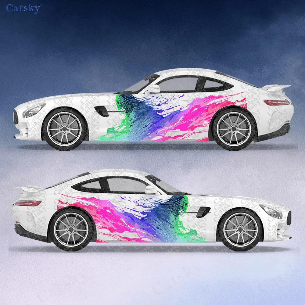 2pcs Neon Skeleton Flame Car Vinyl Wrap, PVC Material Waterproof Side Car Sticker, Self-Adhesive Scratch-Resistant Stickers