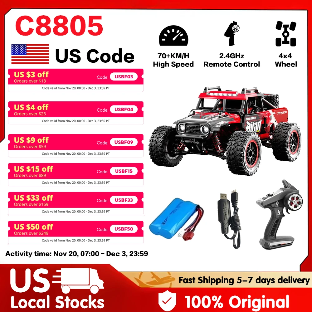 

2.4G Remote Control Racing Drift Car 1:16 Scale 4WD 70 KPH High Speed Off Road Truck Toys Gifts for Boys Adults Red C8805 RC Car