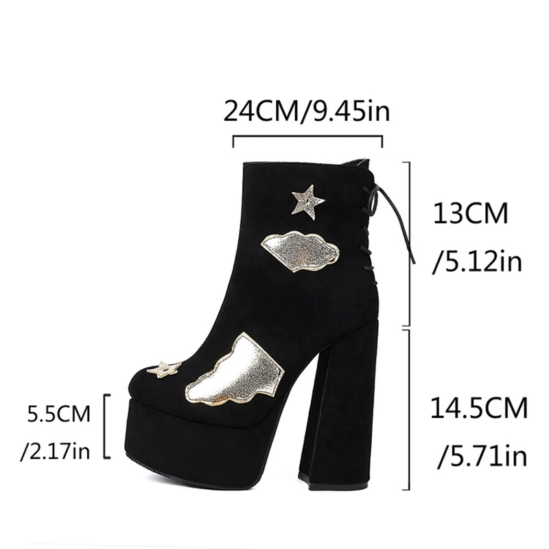 ORCHALISA Faux Suede Cute Ladies Mid Calf Footwear Raised Base Stack Heel 14.5cm Extended Sizes 44 45 46 Event Shoes
