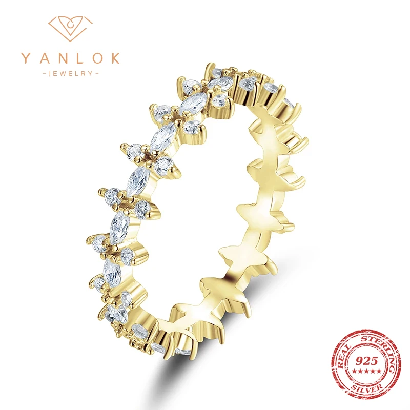 YANLOK 925 Sterling Silver Sparkling Clear CZ Flower Stars Stackable Finger Rings for Women Wedding Engagement Fine Jewelry