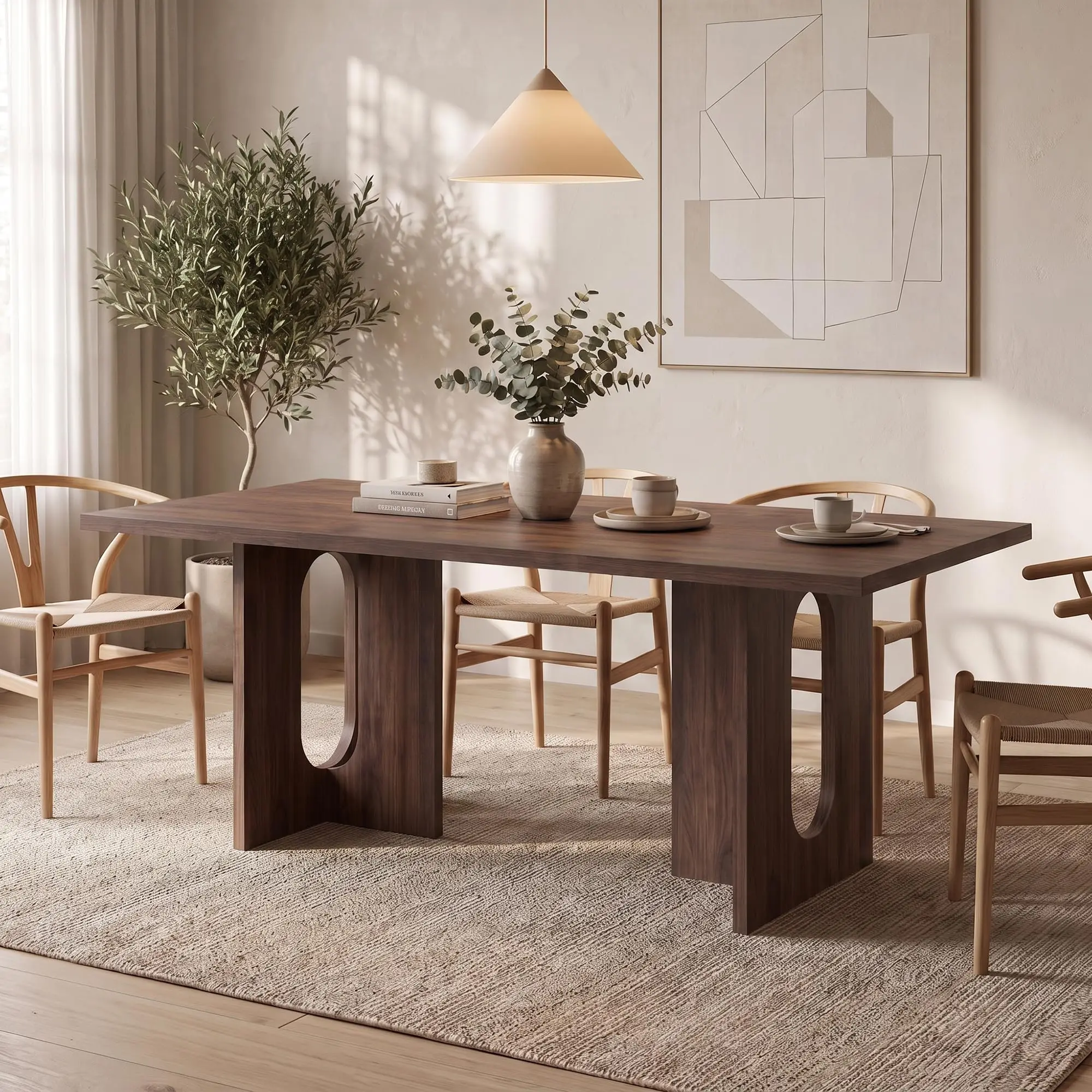 71 Inch Dining Table For 6-8, Modern Rectangular Kitchen Table With Thick Wood Top And T-Shaped Open Base For Dining Room Home