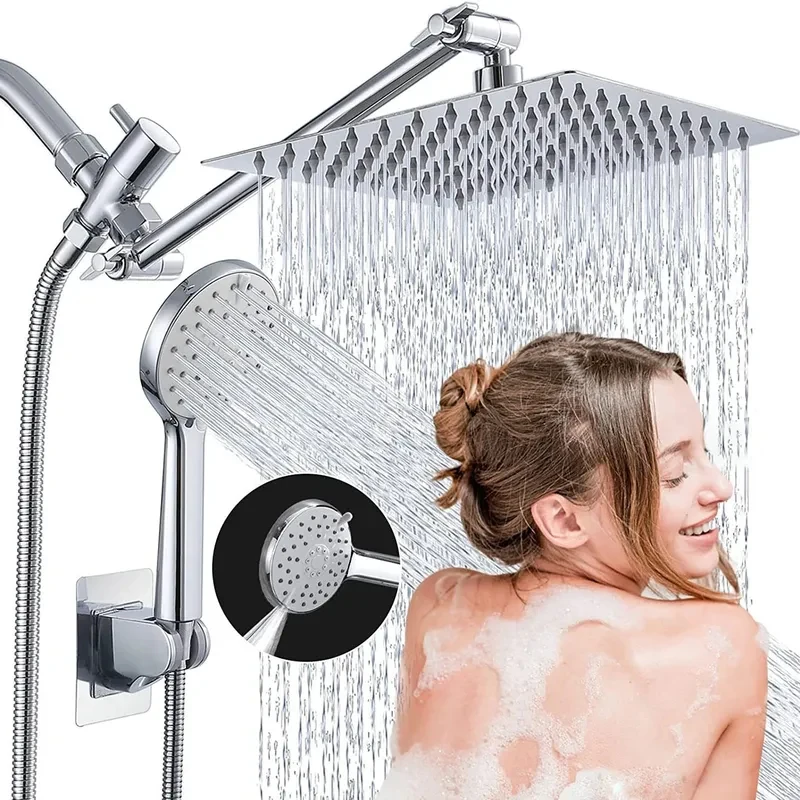 8 Inch 10 Inch High Pressure Rain Shower Head Combo with Adjustable Extension Arm and 3 Way Handheld Spray
