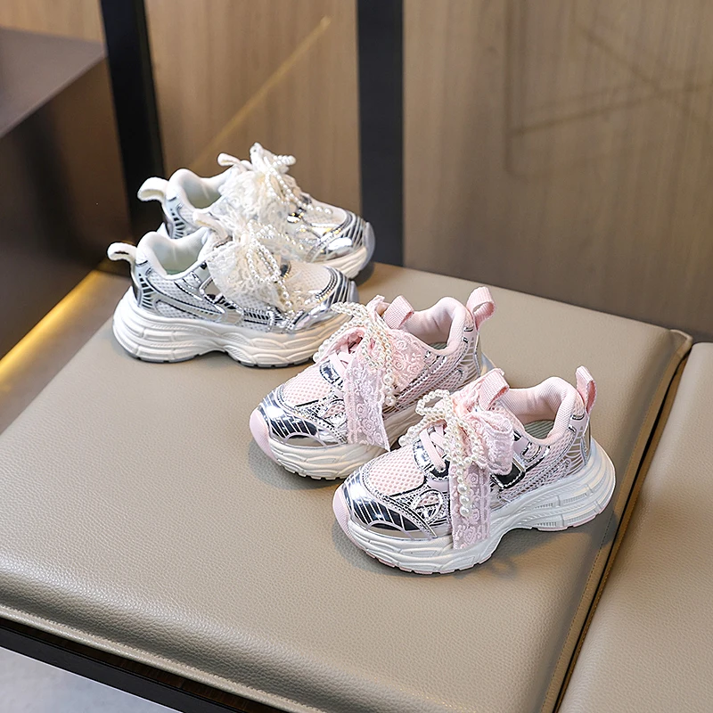

Girls Running Shoes with Sweet Mesh Bow Kids Sports Shoes Breathable 2025 New Fashion Children Sneakers Princess Style Cute