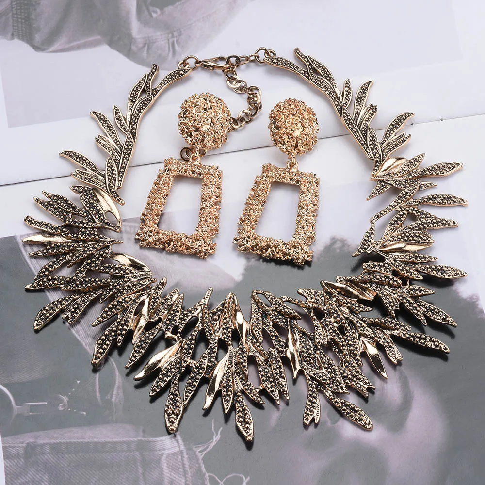 Ethnic Large Collar Alloy Leaves Statement Chokers Necklaces For Women Vintage Maxi Punk Collier Femme Bijoux Jewelry Sets