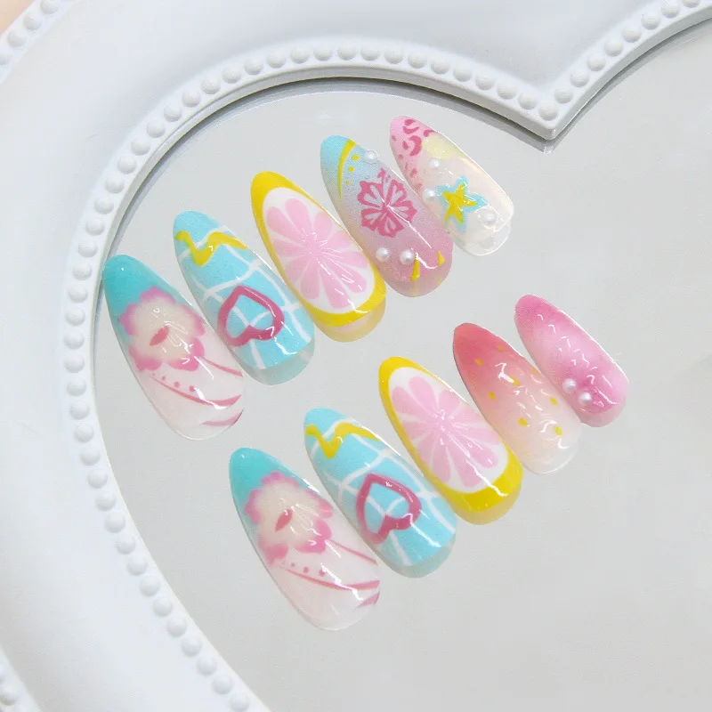 

24pcs Fruit Party Graffiti Love Grid Flower Pattern Press on Nails Short Manicure Wearable Nail for Women and Girls False Nail