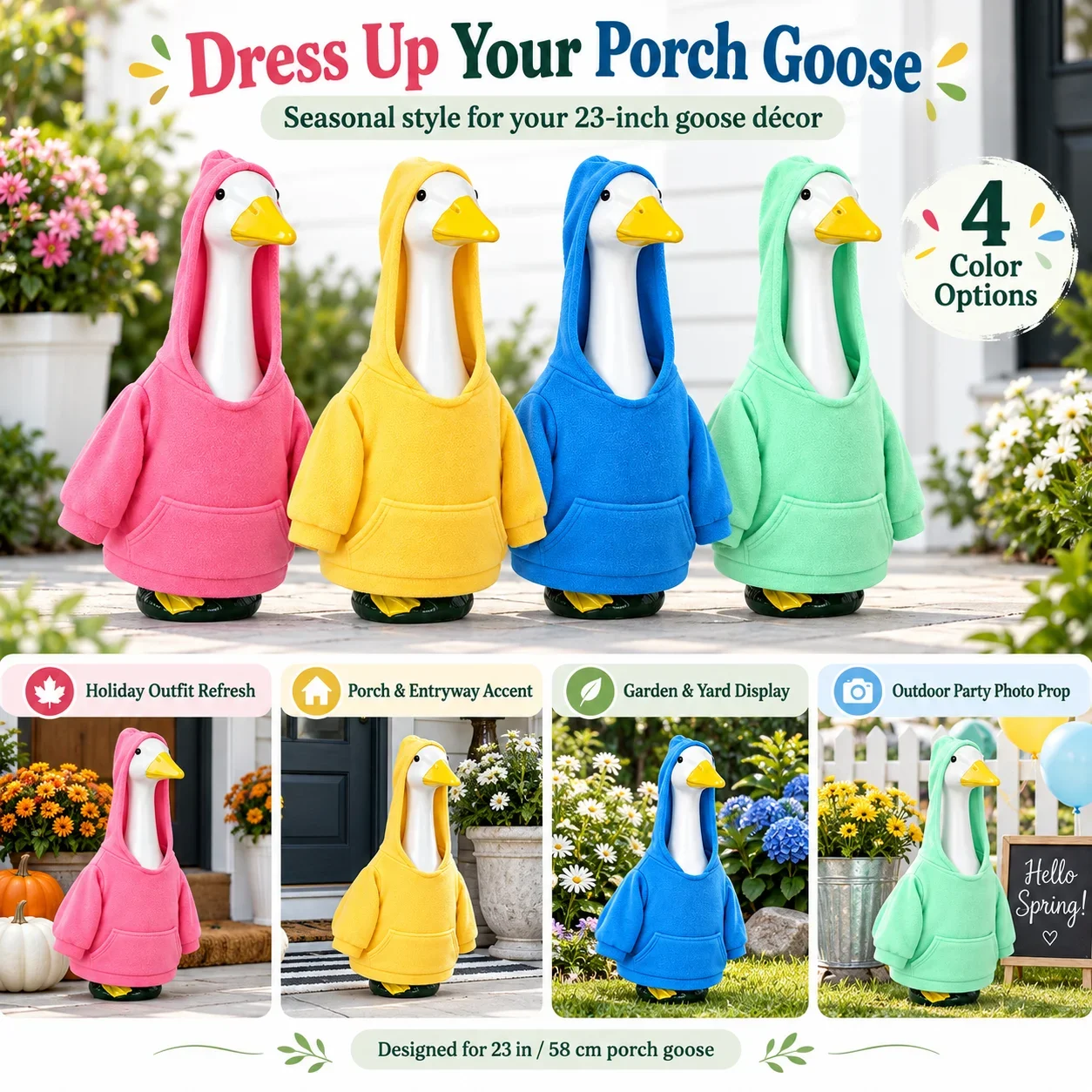 23 Inch Porch Goose Clothes Hooded Sweatshirt Outfit for 58cm Goose Statue 4 Colors Seasonal Garden Yard Porch Decor Accessories