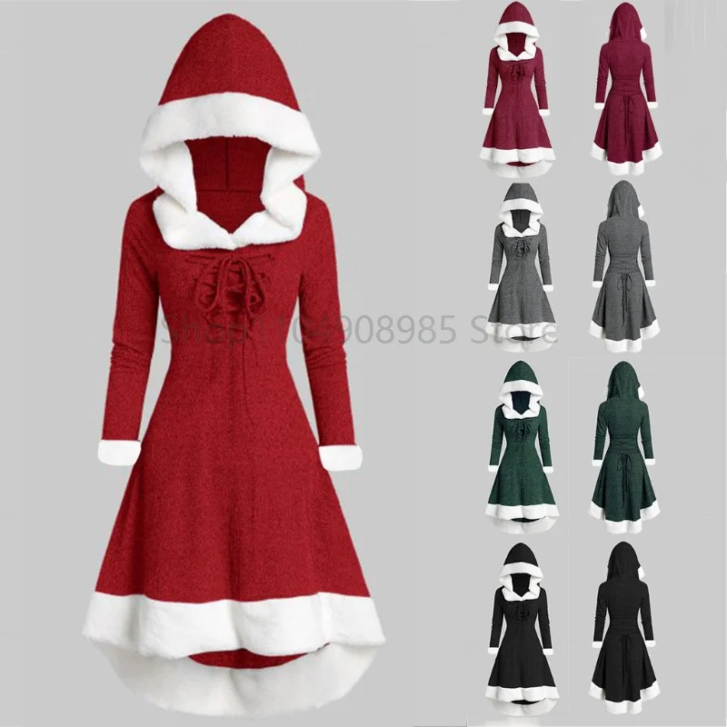 

Plush Long-Sleeved Party Prom Dress Xmas Ladies Christmas Dresses Santa Costume Winter Fur-Collar Lace-Up Patchwork Hooded Dress