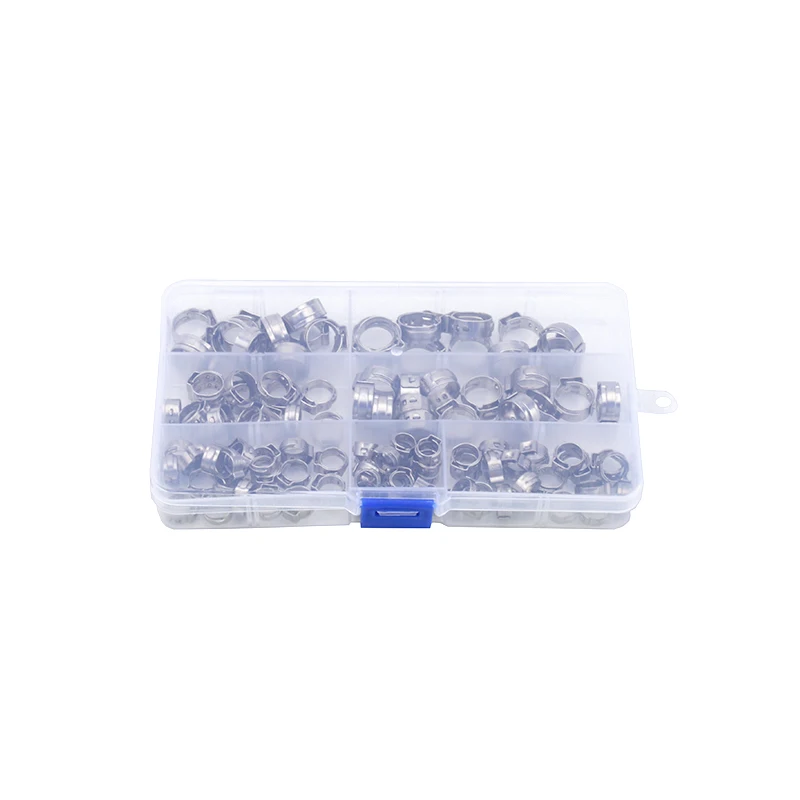 110 Stück verpackte Edelstahlklemmen, Rohrschellen, Einzelohrklemmen, Schlauchklemmen, Halsklemmen im amerikanischen Stil