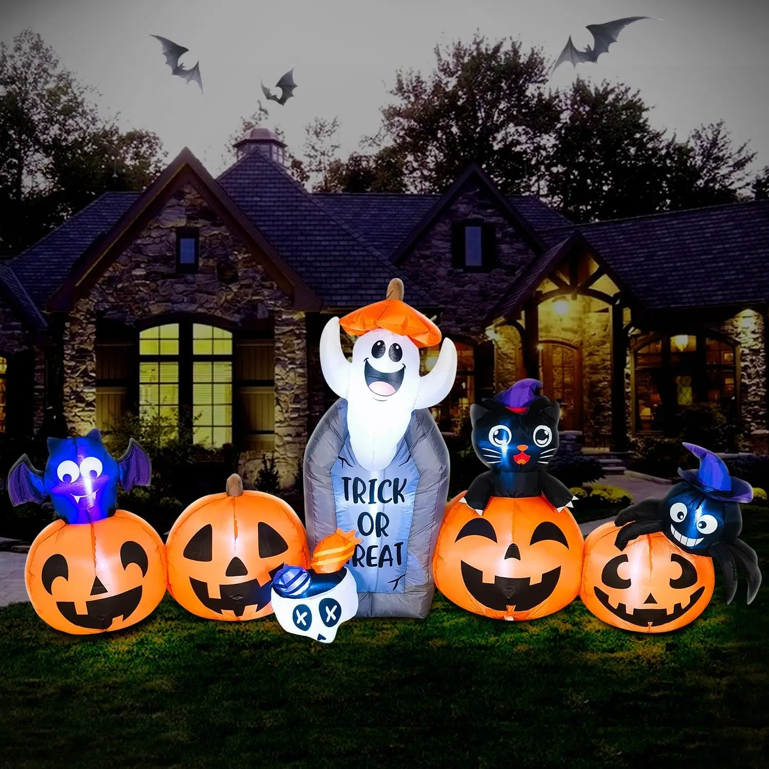 8FT Halloween Inflatable Decorations with LED Lights Blow up Pumpkins Tombstone Ghost Cat Bat Spider Holiday Outdoor Decoration
