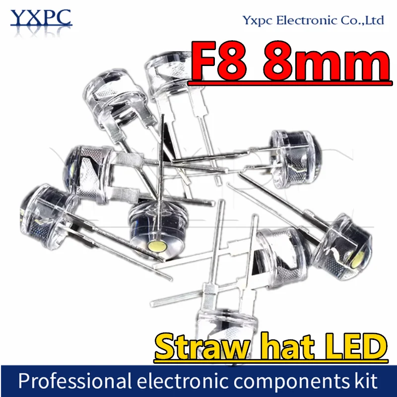 50PCS F8 8mm Straw Hat LED White Super Bright 0.5W Wide Angle 3.0-3.2V Transparent Lamp for Various Applications