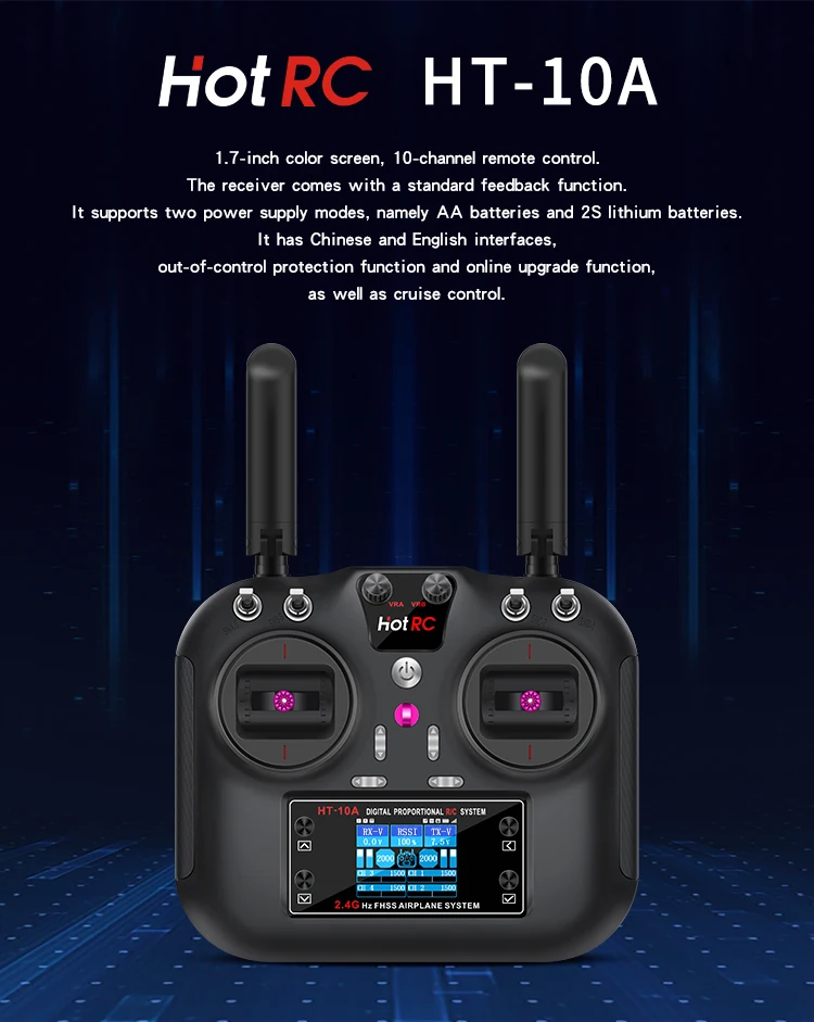 ​ HotRC HT10A RC 비행기 항공기 드론 RC 보트 자동차 RC 모델 용 F-10A 수신기가있는 2.4Ghz 10CH 원격 컨트롤러 송신기