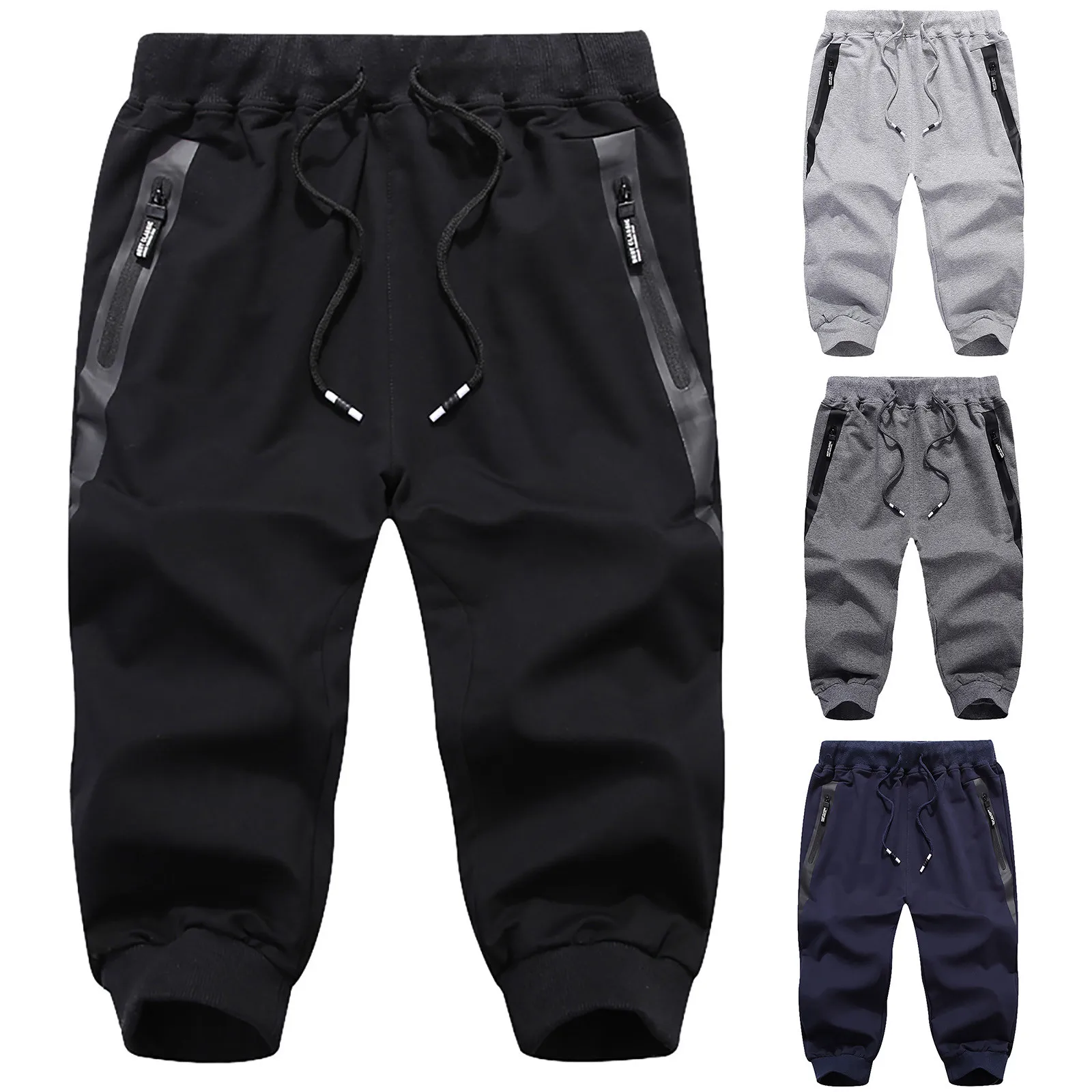 Men's Zipper Casual Drawstring Three-Pocket Sports Trousers Cropped Men's pants