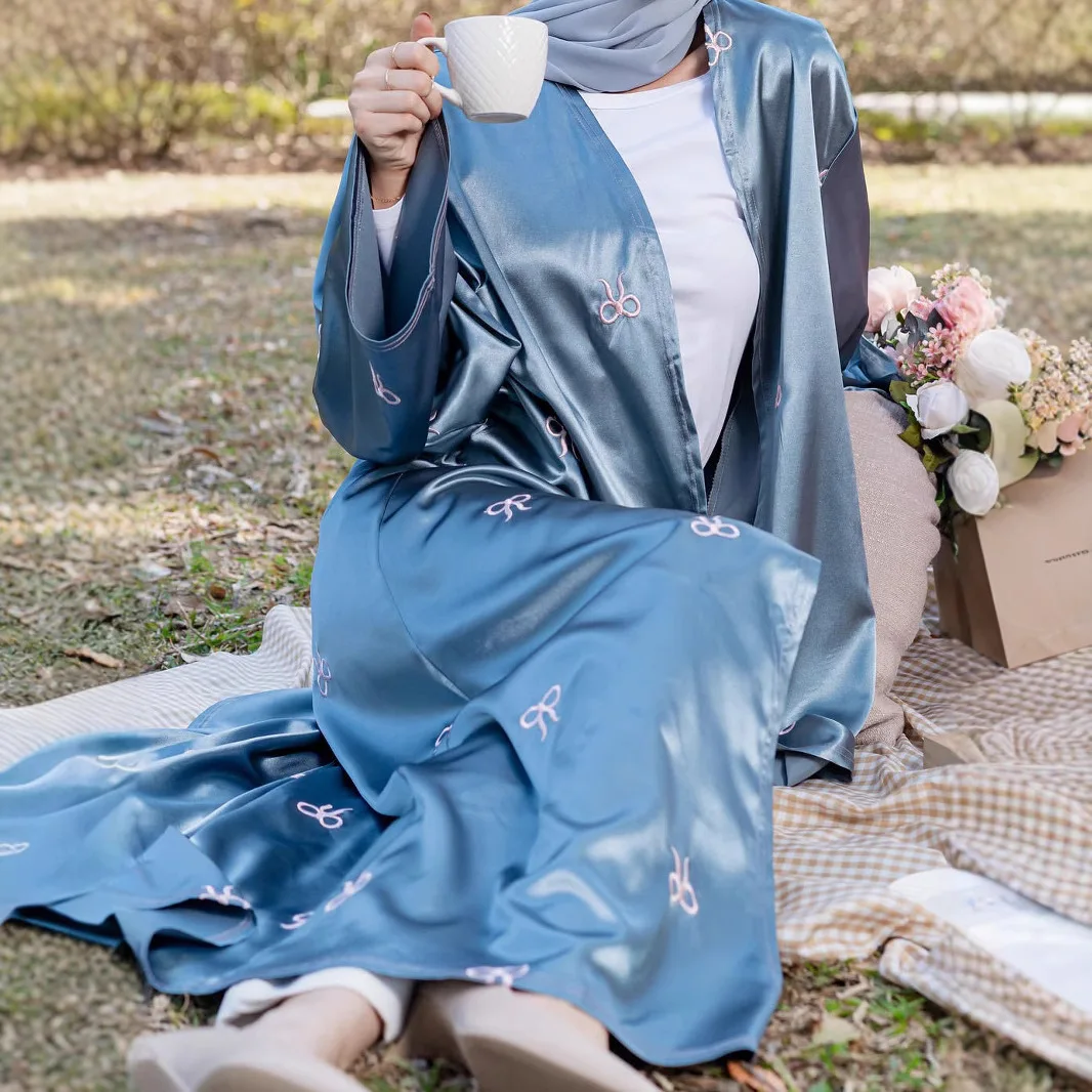 

Female Muslim Dress Cardigan Islamic Clothing Satin Open Abaya with Embroidered Bow Wholesale for Summer Winter Made Cotton