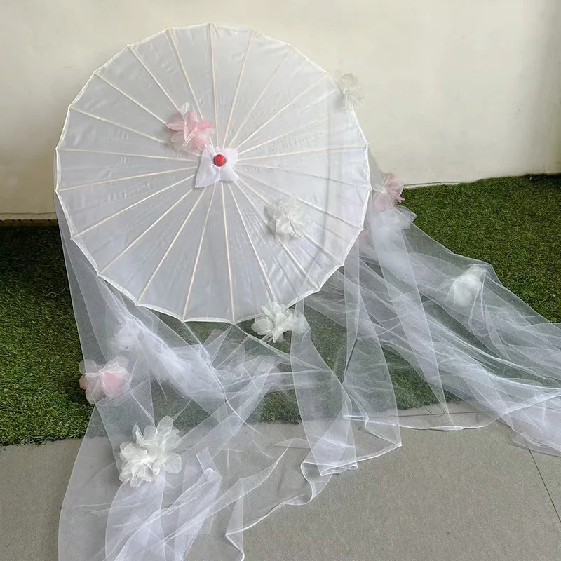 Chinese  Cinema Wedding Photography Props White Gauze Sticky Flowers Oil Paper Umbrellas Dance Shows Parasol Decorative Umbrella