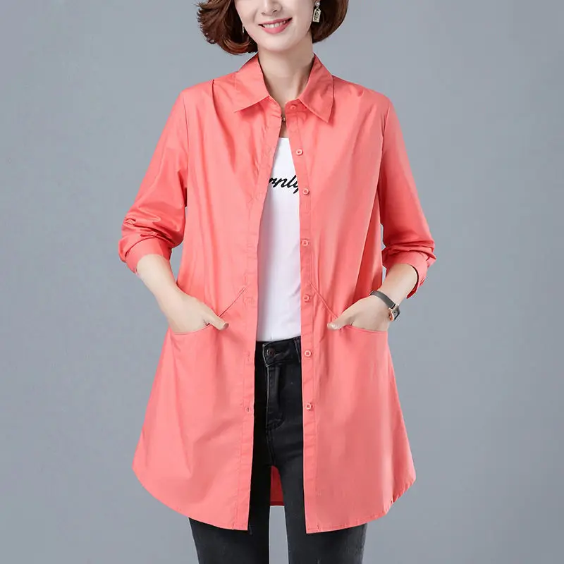 Casual Loose Pocket Patchwork Blouse Spring Autumn Long Sleeve Polo Neck Simplicity Solid Shirt Top Fashion Office Women Clothes