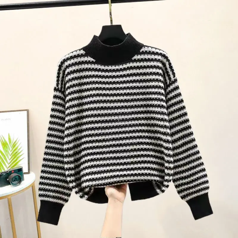 2023 Fashion Retro Half High Neck Pullover Sweater for Women Autumn Winter New Stripe Backing Loose Knit Long Sleeve Top