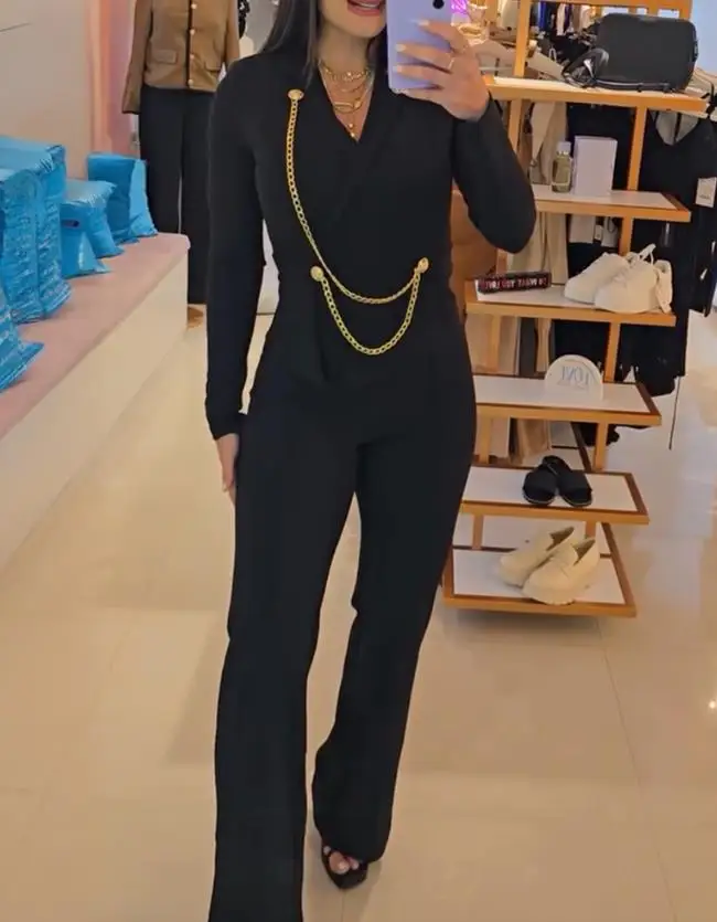 

2026 Chain & Button Decor Notched Collar Overlap V-Neck Slit Spliced Overalls Casual High Waist Seam Front Zipper Back Jumpsuit