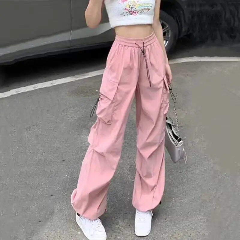 Spring Autumn Hip Hop Street Elastic High Waist Drawstring Women's Solid Spliced Pockets Folds Loose Straight Casual Cargo Pants