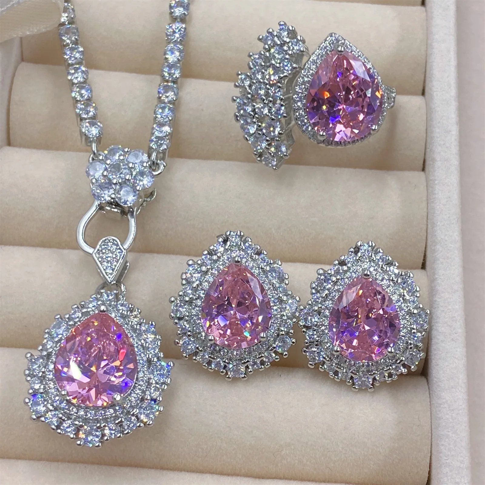 Romantic Genuine S925 Silver Sweet Pink Cubic Zirconia Delicate Necklace Ring Earring 3 Pieces Set for Women Girls Jewelry Set