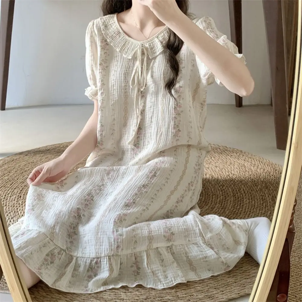 

Женское пижамное платье с кукольным воротником на шнуровке, свободная полосатая ночная рубашка с короткими рукавами, одежда для сна, домашняя одежда, милые ночные рубашки, летние