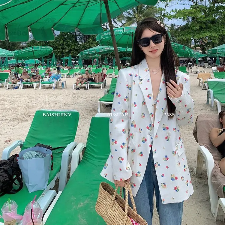 Blazer, Women's Print, Casual Long-sleeved Trend, Korean Version, Loose Straight, Versatile, Foreign, Mid-length Wear