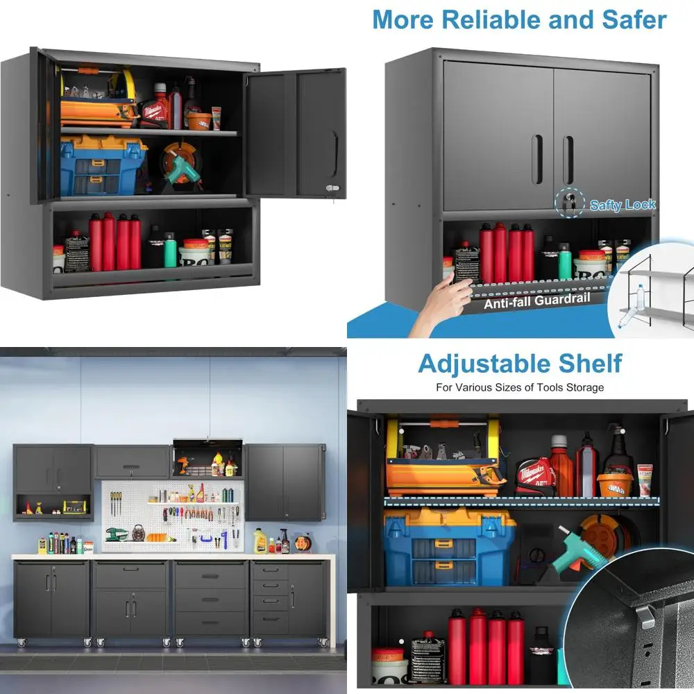 

Сверхмощные черные металлические настенные шкафы для хранения вещей с дверцами и ящиками, подвесные решения для хранения в гараже